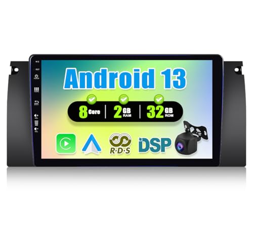 8Core CAMECHO Android 13 Autoradio für BMW 5 E39 E53 M5 X5 (1996-2007) mit DSP,2G+32G 9 Zoll Bildschirm mit Carplay Android Auto Mirror Link Navi WiFi Bluetooth FM/RDS+Rückfahrkamera von CAMECHO