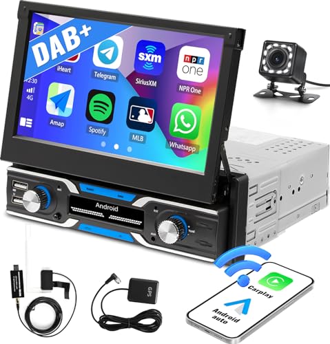 DAB Plus Android 13 Autoradio 1 Din mit Carplay Android Auto, Automatisch Autoradio mit Ausfahrbarem Display mit GPS WiFi Bluetooth Freisprecheinrichtung Spiegel-Link FM Lenkradsteuerung Rückfahrkamer von CAMECHO