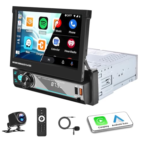 Autoradio 1 Din mit Wireless Carplay Android Auto, 7 Zoll Single Din Ausfahrbarem Auto Stereo Touchscreen Display mit Bluetooth 5.1 Mirror Link FM/AM/USB/TF/AUX Charging SWC AHD Rückfahrkamera+ MIC von CAMECHO