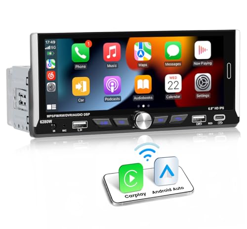 CAEMCHO Autoradio 1 DIN mit Carplay Wireless Android Auto,6,9 Zoll Auto Radio Touch Display mit Bluetooth Freisprecheinrichtung FM RDS MirrorLink Bluetooth und USB/Type-C von CAMECHO