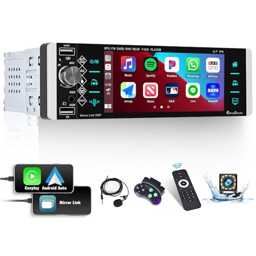 CAMECHO 1 Din Autoradio mit Apple Carplay Android Auto, 5.1 Zoll Bluetooth IPS Bildschirm Mirror Link/Voice Assistant/GPS/FM/EQ/SWC/USB/AUX-in+Rückfahrkamera+MIC von CAMECHO