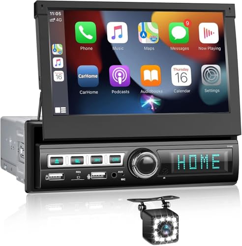 CAMECHO 1 Din Carplay/Android Auto/Mirror Link Autoradio mit 7 Zoll Automatisch Ausfahrbares Touchscreen,Autoradio mit Bildschirm Bluetooth FM USB AUX TF+Externes Mikrofon+Rückfahrkamera von CAMECHO