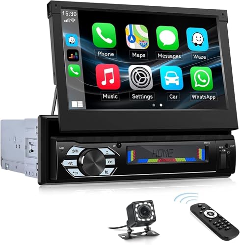 CAMECHO 1 Din Carplay/Android Auto/Mirror Link Autoradio mit Bildschirm, 7 Zoll Motorisiert Ausfahrbarem Touchscreen Autoradio Bluetooth mit FM SWC AUX-in EQ USB TF+Externes Mikrofon+Rückfahrkamera von CAMECHO