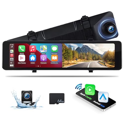 CAMECHO 11,26 Zoll Spiegel Dash Cam mit Wireless Apple CarPlay Android Auto Rückfahrkamera, Rückspiegel Smart Screen für Autos LKWs Nachtsicht Parkhilfe Dual-Kameras + 64G Karte von CAMECHO