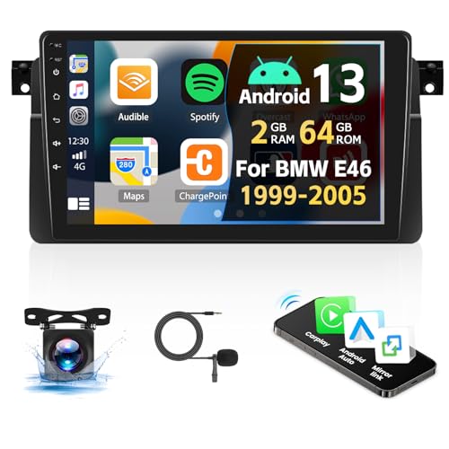 CAMECHO 2+64G Android 13 Autoraido für BMW E46 1999-2005, 9" Bildschirm 2 din Autoradio mit Wireless Apple Carplay Android Auto GPS Navigation Mirror Link Bluetooth WiFi FM/RDS+ Rückfahrkamera+MIC von CAMECHO
