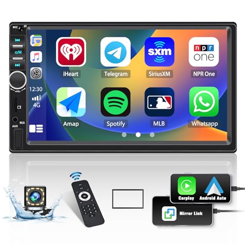 CAMECHO 2 Din CarPlay Autoradio mit Apple CarPlay Android Auto, 7 Zoll Touch Bildschirm Auto Radio mit Bluetooth Mirror Link SWC FM Radio AUX USB + Rückfahrkamera+ MIC von CAMECHO