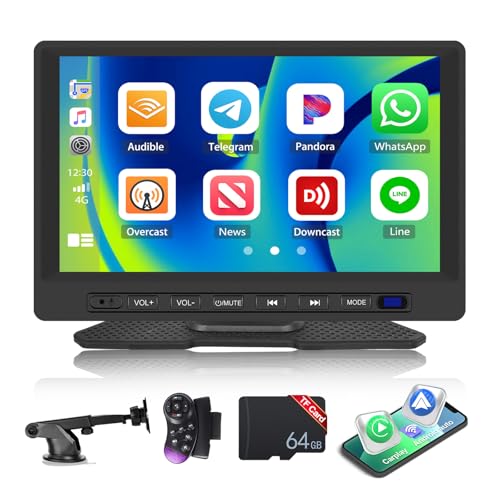 CAMECHO 2024 Newest Wireless Carplay Android Auto,7 Zoll Tragbares Autoradio Display mit Bluetooth-Freisprecheinrichtung/FM Transmitter/Airplay/Android Cast/Google/Siri/AUX/USB+64G SD-Karte von CAMECHO