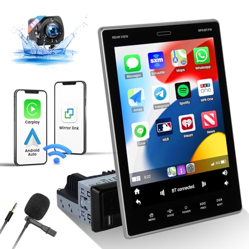 CAMECHO 2G+64G Android 13 9,5" Vertikaler Bildschirm 1 Din Autoradio Wireless CarPlay Android Auto, 1 Din Android Autoradio mit Mirror Link Sat Navi WiFi Bluetooth FM RDS EQ SWC + Rückfahrkamera+MIC von CAMECHO