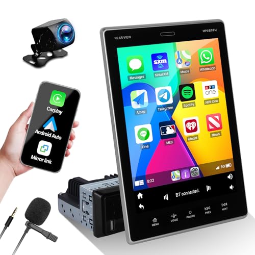 CAMECHO 2G+64G Android 13 9,5" Vertikaler Bildschirm 1 Din Autoradio Wireless CarPlay Android Auto, 1 Din Android Autoradio mit Mirror Link Sat Navi WiFi Bluetooth FM RDS EQ SWC + Rückfahrkamera+MIC von CAMECHO