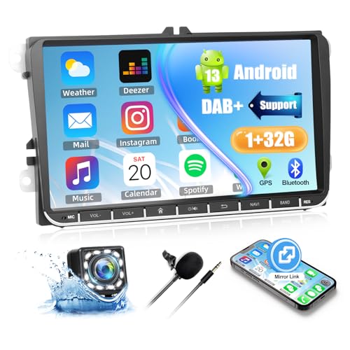 CAMECHO 7 Zoll Android 13 Navi Autoradio für VW Passat Golf Jetta EOS Polo Touran Seat Sharan, [1+32G] Bluetooth Radio mit Mirror Link GPS WiFi Unterstützung DAB+ mit Rückfahrkamera Canbus von CAMECHO
