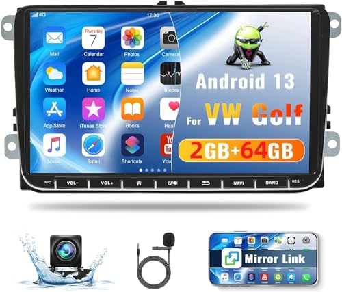 CAMECHO 2G+64G Android 13 Autoradio für VW Golf Polo Jatta Touran Tiguan Seat, 9 Zoll Bildschirm VW Autoradio mit Bluetooth GPS WiFi FM/RDS Mirror Link SWC + Rückfahrkamera Canbus von CAMECHO