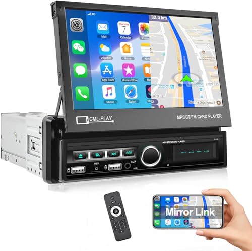 CAMECHO Autoradio 1 Din mit Bluetooth Freisprecheinrichtung, 7 Zoll Motorisierte Bildschirm Unterstützung USB/AUX-IN/FM/TF/Mirror Link für Android/iOS +Rückfahrkamera von CAMECHO