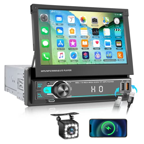 CAMECHO Autoradio 1 Din mit Bluetooth-Freisprecheinrichtung,7 Zoll Ausfahrbarem Display unterstützt Type-C Laden丨USB/AUX/TF/FM丨7 Farblichter丨Mirrorlink 丨Lenkradsteuerung+ Rückfahrkamera von CAMECHO