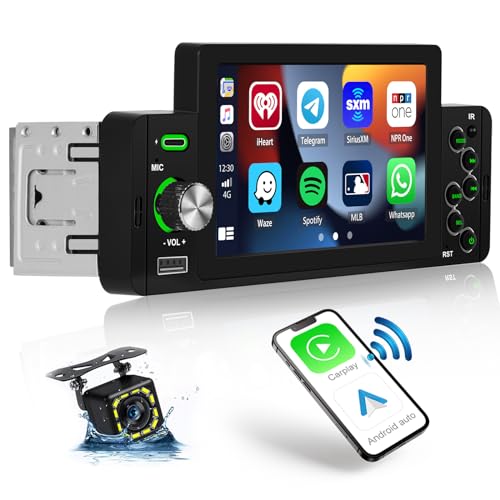 CAMECHO Autoradio 1 Din mit Carplay Wireless Android Auto,5 Zoll Bildschirm Autoradio mit Bluetooth Freisprecheinrichtung Mirror Link FM USB &Type-C+Rückfahrkamera von CAMECHO