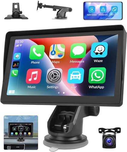 CAMECHO CarPlay & Android Auto Wireless, Tragbares Autoradio mit 7-Zoll-Display, Navigation, FM-Transmitter, Mirror Link, SWC, Bluetooth und USB/TF+AHD 1080P Rückfahrkamera (12V-26V) von CAMECHO