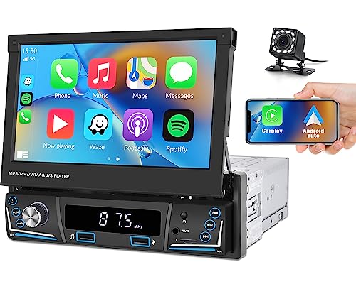 CAMECHO Carplay Autoradio 1 Din mit 7 Zoll Ausfahrbarem Display,Unterstützt Bluetooth Android Auto Mirror Link AM/FM Sieben Farblichter und USB/AUX/TF+Rückfahrkamera von CAMECHO