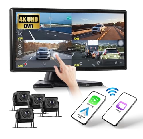 CAMECHO DVR Rückfahrkamera Auto 4 Kameras Set mit 10.36 Zoll LCD 4 Kanäle Monitor,Unterstützung 4K Loop-Aufnahme Carplay Android Auto FM Mirror Link Bluetooth und USB von CAMECHO