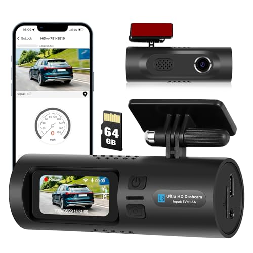 CAMECHO Dashcam Auto Vorne 2K Entschließung 1.5 Zoll Bildschirm mit 64G SD Karte, 150 Grad Weitwinkel WiFi Dash Cam mit Parküberwachung G-Sensor Loop-Aufnahm für Alle Modelle von CAMECHO