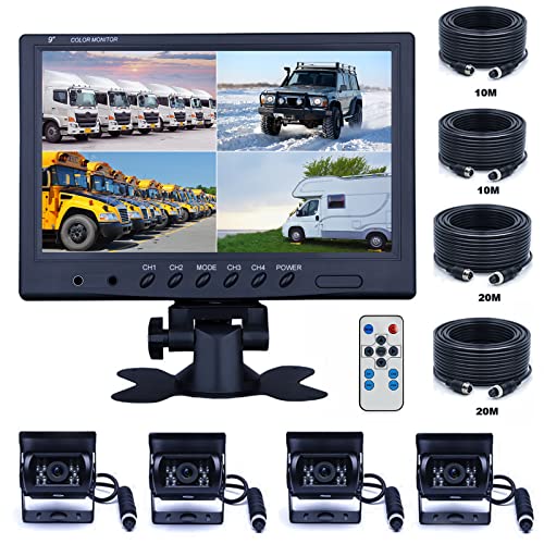 CAMECHO Fahrzeug Backup Kamera – 22,9 cm 4 Geteilte Monitor Vorderseite View, Kamera 18 IR-Nachtsicht Wasserdicht Auto Kamera mit 2 x 33 ft und 2 x 20 Kabel für Wohnmobil-, Anhänger, Bus, LKW von CAMECHO