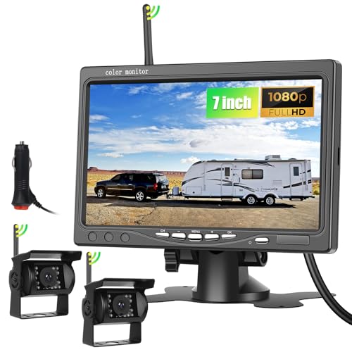 CAMECHO Kabelloses Rückfahrkamera-Set HD 1080P, 7-Zoll-Monitor mit 2 kabelloser Rückfahrkamera für Anhänger, Wohnmobil, LKW, Auto, Bus, IP68 wasserdicht, Nachtsicht, BSD, 12V-36V CAMECHO Kabelloses Rückfahrkamera-Set HD 1080P, 7-Zoll-Monitor mit 2 kabelloser Rückfahrkamera für Anhänger, Wohnmobil, LKW, Auto, Bus, IP68 wasserdicht, Nachtsicht, BSD, 12V-36V von CAMECHO