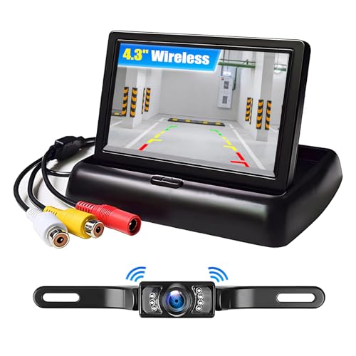 CAMECHO Kabelloses Rückfahrkamera-System für Auto mit 4,3 Zoll TFT LCD Faltbare Monitor,V1/V2 Zwei Video-Eingang für Minivans SUVs+Kennzeichenhalter-Rückfahrkamera 9V-24V von CAMECHO