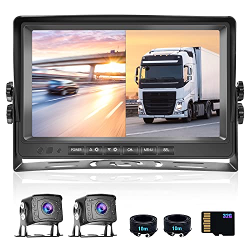 CAMECHO Rückfahrkamera 2 Kameras Set,9 Zoll LCD Monitor DVR +2 Geteilte Rück Kamera mit Nachtsicht IP69 Wasserdicht+Videoaufzeichnung für LKW/Bus/Van 12V-35V von CAMECHO