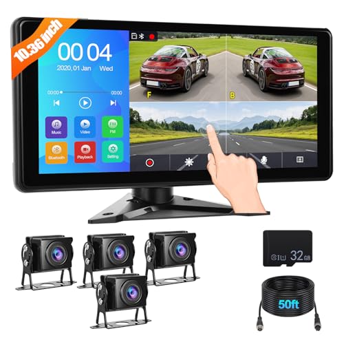 CAMECHO Rückfahrkamera Auto 10.36 Zoll Monitor+4 Geteilte Rückund Vorder Kamera,Videoaufzeichnung+4 Kameras(15M+5M+5M+5M) für LKW/Anhänger/Wohnmobil/Traktor 9V-36V von CAMECHO