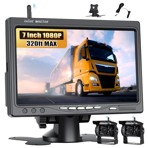 CAMECHO Rückfahrkamera Kabellos 2 Kameras IP68 Wasserdicht Nachtsicht Weitwinkel mit 7" HD Monitor für alle Modelle, 12V-36V Hochleistungschip Rückfahrkamera mit Umgekehrte Linie Toter-Winkel-Warnung von CAMECHO