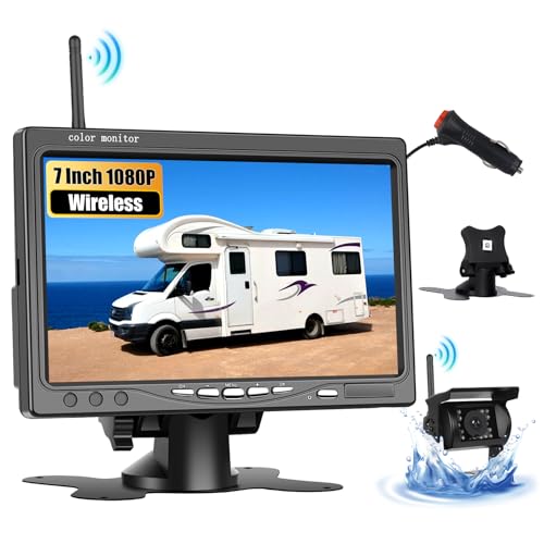 CAMECHO Rückfahrkamera Kabellos IP68 Wasserdicht Nachtsicht Weitwinkel Kamera mit 7 Zoll HD Monitor für alle Modelle, 12V-36V Hochleistungschip Rückfahrkamera mit Umgekehrte Linie Toter-Winkel-Warnung von CAMECHO