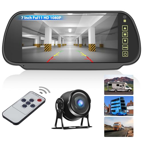 CAMECHO Rückfahrkamera Set mit 7 Zoll LCD Spiegel Dashcam,1080P Rückfahrkamera mit IP69 Wasserdicht Nachtsicht,Unterstützung Rückfahrhilfsleitung,Bild Spiegeln für LKW/Bus/Van/Trailer 12V-24V von CAMECHO