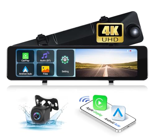 CAMECHO Rückfahrkamera Spiegel Dashcam mit CarPlay Wireless Android Auto,11,26 Zoll IPS Touchscreen,4K-Video+1080P WDR Rückfahrkamera Unterstützung Loop-Aufnahme/ADAS/Bluetooth/FM/TF/AUX von CAMECHO