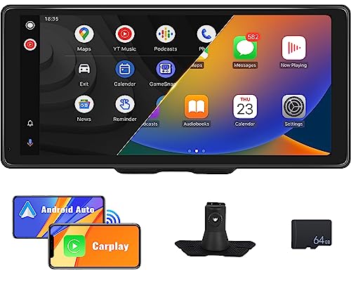 CAMECHO Wireless Apple CarPlay & Android Auto, 10,36-Zoll Tragbares Autoradio Kabelloses Carplay mit HD IPS Touchscreen, Bluetooth Freisprechfunktion, Siri/FM/Google/Apple Airplay/AUX+64G-Karte von CAMECHO