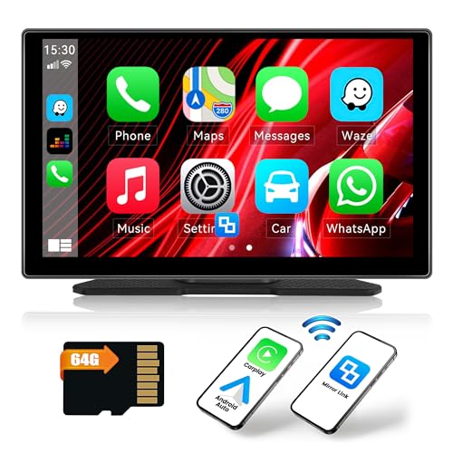 CAMECHO Wireless Apple Carplay&Android Auto Tragbares Autoradio mit Bildschirm, 9 Zoll HD IPS Tragbares Touchscreen Carplay Display, Car Play Monitor Unterstützt Bluetooth/Siri/FM/Apple Airplay/AUX von CAMECHO