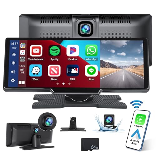 CAMECHO Wireless Car Stereo Screen für CarPlay & Android Auto Tragbares Autoradio mit Dashcam Vorne, 9.3 Zoll Touchscreen Drahtlosem Carplay mit Siri/Bluetooth/FM Transmitter/AUX/64G SD-Karte von CAMECHO
