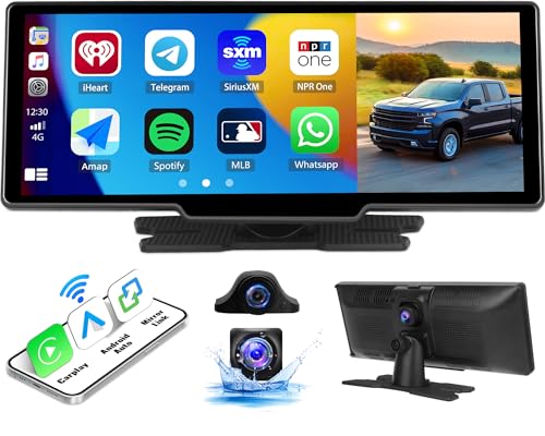 Drahtloses Apple Carplay und Android Auto Tragbares Autoradio, 10.26-Zoll Touchscreen Display mit Navi Bluetooth Mirror Link FM/AUX/Type-c + 2,5K-Dashcam Vorn + 1080p Rückfahrkamera+ Kamera von CAMECHO