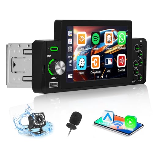 【Upgrade Wireless】 CAMECHO 1 Din Wireless CarPlay&Android Auto Bluetooth Autoradio,5 Zoll Touchscreen Digital-Media-Receiver,mit EQ/Bluetooth 5.1/FM/USB/AUX-in/SD/&MirrorLink+Rückfahrkamera von CAMECHO