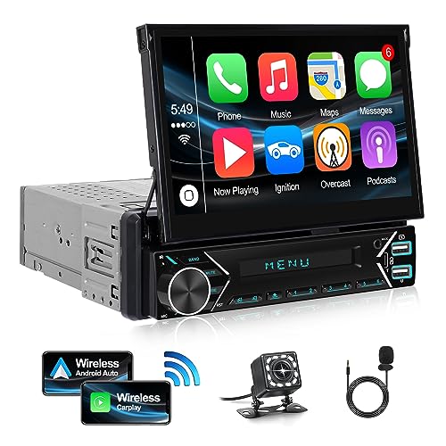 【Wireless】 CAMECHO Autoradio Bluetooth 1 Din mit Wireless Carplay Android Auto, 7 Zoll Motorisiert Ausfahrbarem Touchscreen Autoradio mit Navi Bildschirm Bluetooth5.0/Mirror Link/USB/FM/AUX von CAMECHO