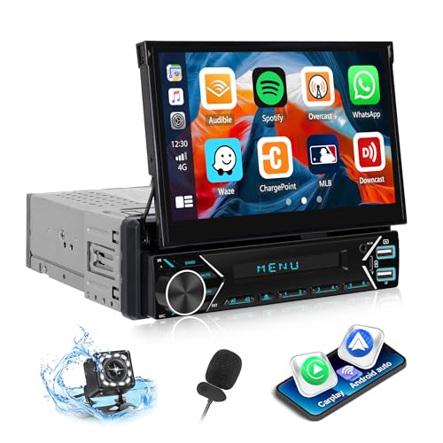 【Wireless】 CAMECHO Autoradio Bluetooth 1 Din mit Wireless Carplay Android Auto, 7 Zoll Motorisiert Ausfahrbarem Touchscreen Autoradio mit Navi Bildschirm Bluetooth5.0/Mirror Link/USB/FM/AUX von CAMECHO