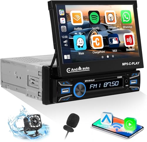 【Wireless】 CAMECHO Autoradio Bluetooth 1 Din mit Wireless Carplay Android Auto Mirror Link, 7 Zoll Automatisch Ausfahrbares Display Autoradio mit Bildschirm Bluetooth5.0/USB/FM/AUX von CAMECHO