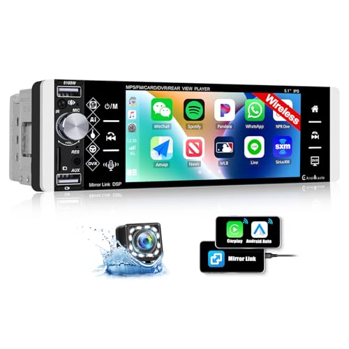 Wireless Carplay CAMECHO Autoradio 1 Din mit Bluetooth Freisprecheinrichtung,mit 5,1 Zoll Bildschirm Wireless Android Auto Mirror Link FM/AM/RDS und USB+Lenkrad-Controller Rückfahrkamera von CAMECHO