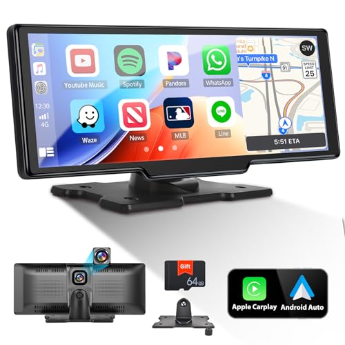 Wireless Carplay & Android Auro Tragbares Autoradio, 9,3 Zoll Auto Touchscreen Stereo mit 64G Karte Eingebaute Frontkamera Bluetooth FM Transmitter Sprachsteuerung Schleifenaufzeichnung Fit Trucks RVs von CAMECHO