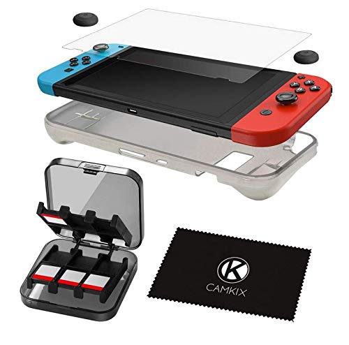 CAMKIX 5-in-1 Aufbewahrungs- und Schutzkit kompatibel mit Nintendo Switch: TPU Silikonhülle, Anti-Scratch Displayschutz, Aufbewahrungsbox für 24 Game Cards, 2X Daumengriff-Cover, Reinigungstuch von CAMKIX