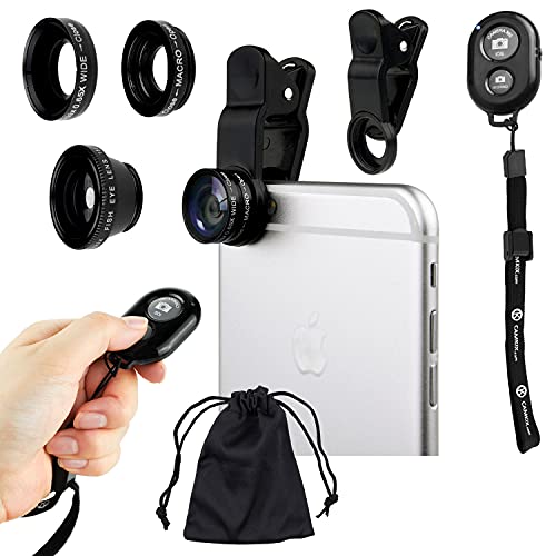 Universelles 3 in1 Kamera-Objektiv-Set mit Kamera-Auslöser Fernbedienung für Smartphones. Enthält EIN Fischauge-Objektiv/EIN 2 in 1 Makro- und Weitwinkel-Objektiv/den Universal-Clip von CAMKIX