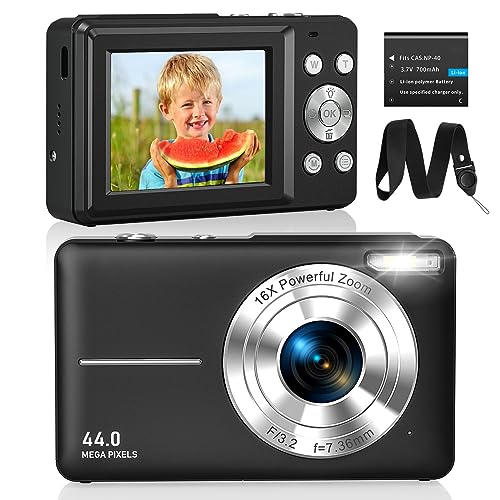 CAMKORY Digitalkamera Fotokamera FHD 1080P 44MP Kompaktkamera 16X Digitalzoom Fotoapparat Digitalkamera Klein Einfache Bedienung Bildstabilisator mit Akku für Kinder Anfänger Jungen Mädchen Schwarz von CAMKORY