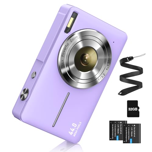 Digitalkamera 44MP FHD 1080p Fotoapparat Digital Kamera mit 32G Karte Fotokamera mit Batterie Einfache Tragbare 16X Digitalzoom Digitalkamera für Kinder Teenager Student Senioren Anfänger(Lila) von CAMKORY