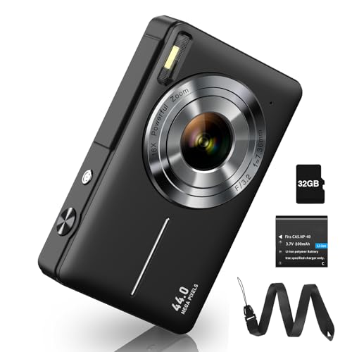 Digitalkamera Fotokamera FHD 1080P 44MP Fotoapparat mit 32G Karte 16X Digitalzoom Digital Kamera mit Batterie Tragbare Einfache Digitalkamera für Kinder Student Teenager Anfänger Senioren (Schwarz) von CAMKORY
