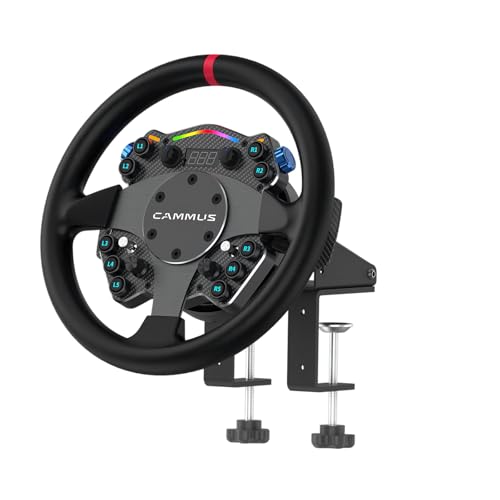 CAMMUS Racing Simulator Lenkräder C12, Leder-Lenkradbezug + Tischhalterungsclip + Multifunktions-Bedientasten, echtes Force-Feedback, magnetische Schaltwippen, PC – Schwarz von CAMMUS