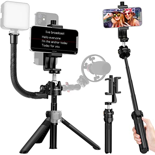 CAMOLO Selfie Stick Stativ mit 2 Handyhalterungen, 360° Drehbare Handy Stativ Halterung, Einfaches Mobiles Teleprompter-Set mit 1/4 Schraubenloch, Perfekt für Livestreaming, Vlogging, YouTube, Tiktok von CAMOLO