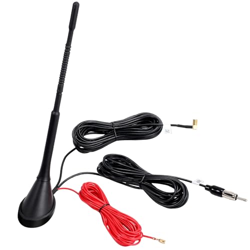 CAMWAY Aktive DAB + FM Antenne, Universal Digital Radio AM/FM Kombi Dachantenne Autoantenne Signal Amplifier SMB Adapter DIN mit 5m Verlängerungskabel für FM DAB Autoradio von CAMWAY