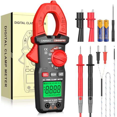 CAMWAY Stromzange, Digitales Strommessgerät 600A TRMS AC/DC 4000 Counts Strommesszange, Auto-Range NCV, LOZ-Modus, Zangenmultimeter misst Stromspannung, Temperatur, Kapazität, Widerstand, Diode von CAMWAY